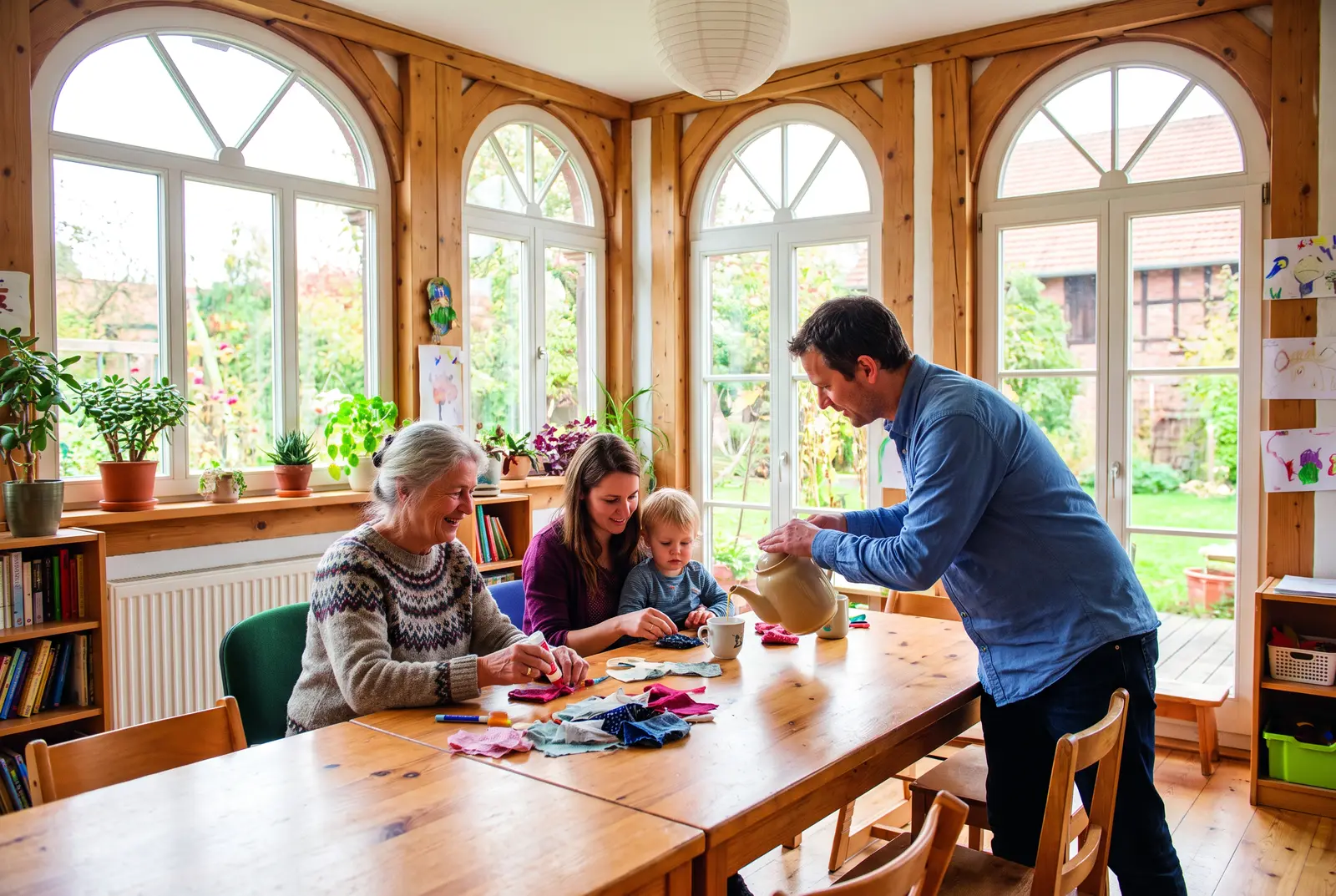 Familien und Mitarbeitende im Treffpunkt eines Mehrgenerationenhauses