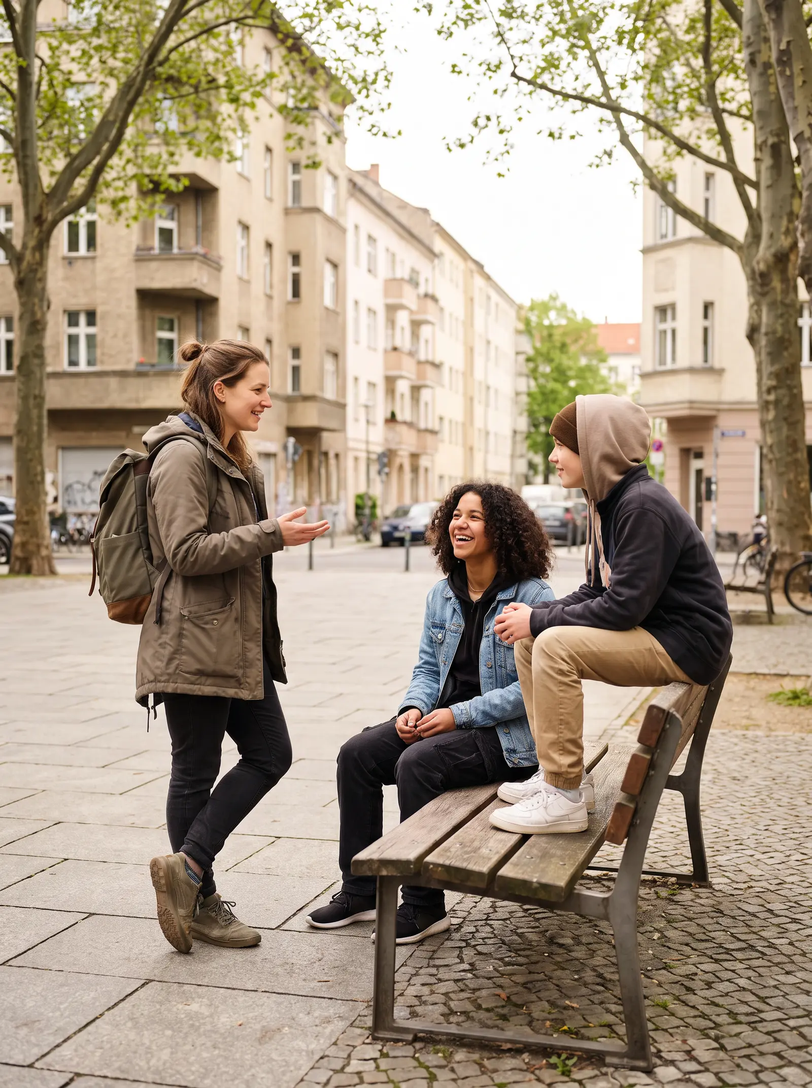Streetworkerin im Gespräch mit Jugendlichen im Quartier