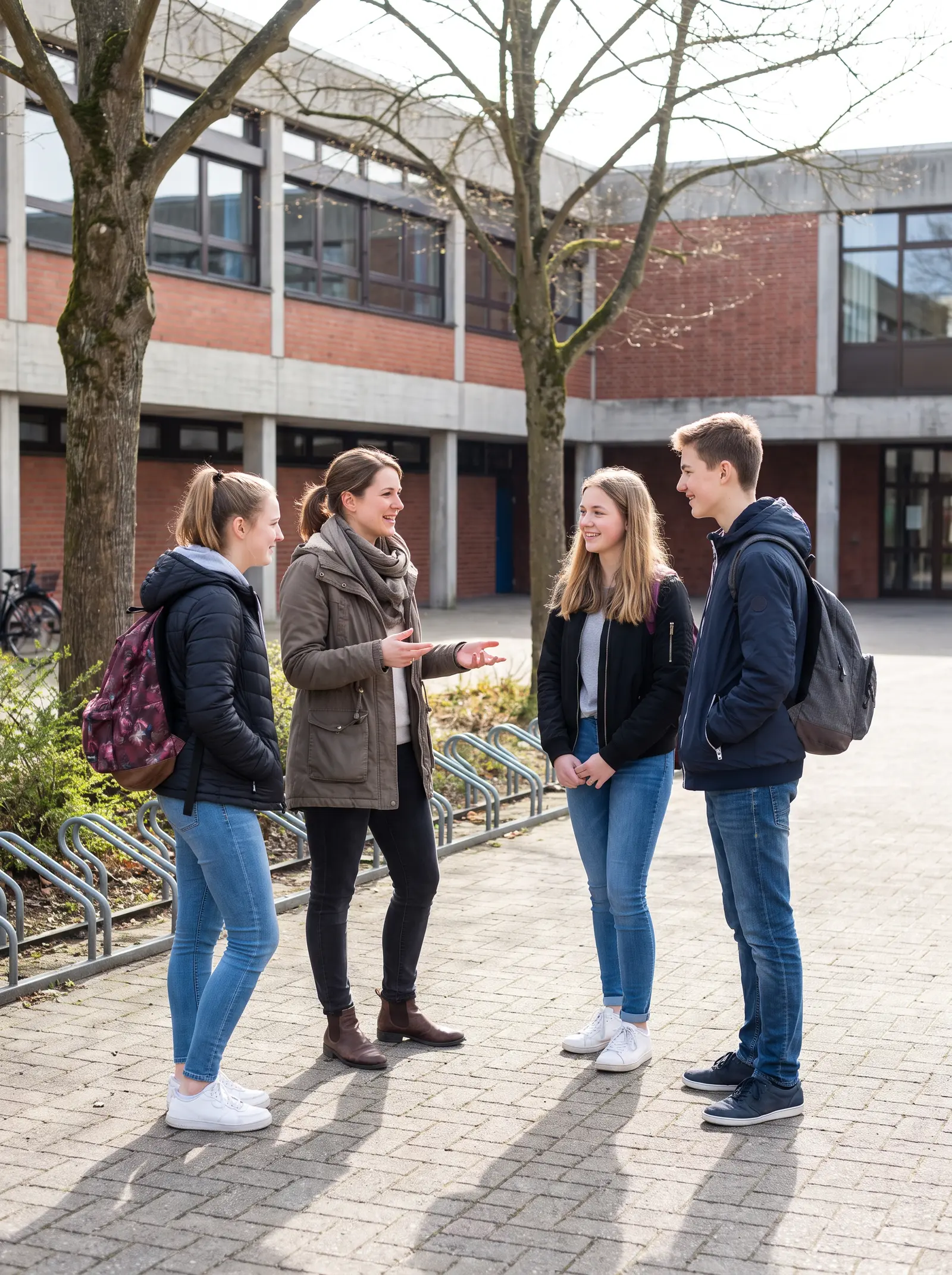 Lehrerin und Schülerinnen und Schüler auf dem Schulhof